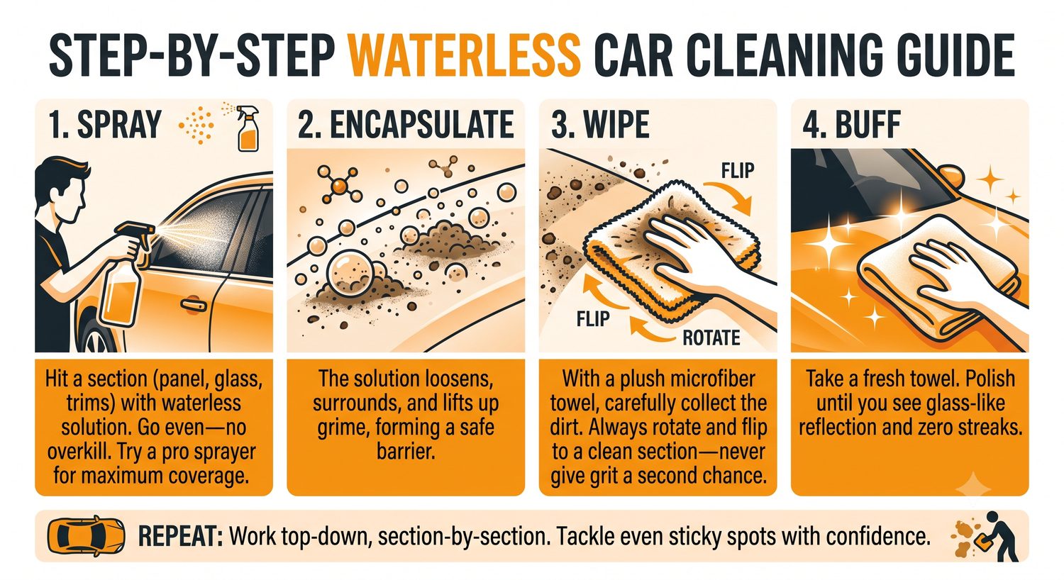 Step-by-step waterless car wash method: spray the panel, wipe with a plush microfiber towel, then buff to a streak-free, glossy finish.
